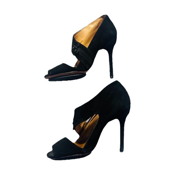 L.A.M.B. Gwen Stefani Black Suede Leather Peep Toe Strap High Stiletto Heels 7 - Picture 2 of 9